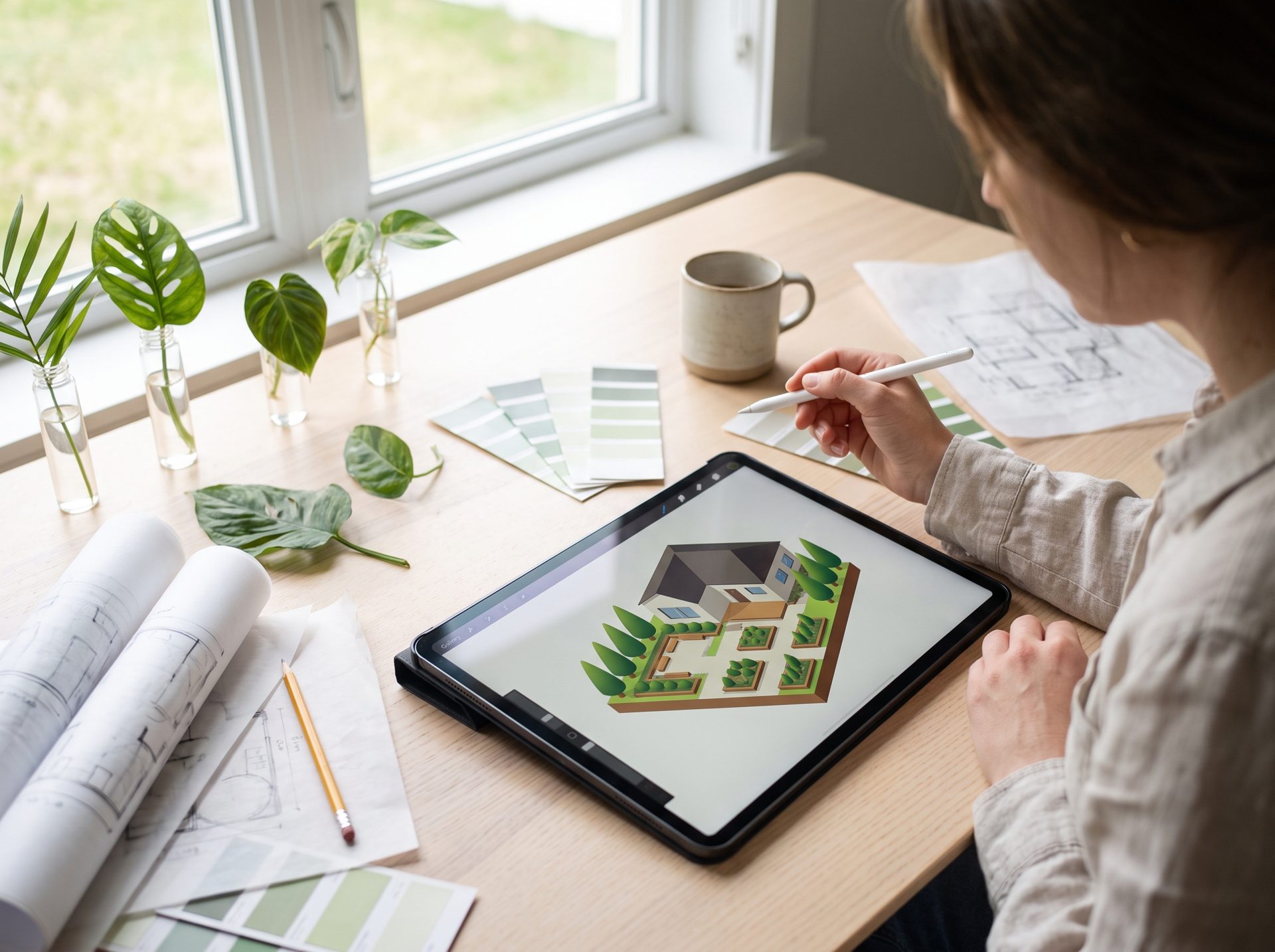 A landscape designer reviewing a 3D lot plan on a tablet