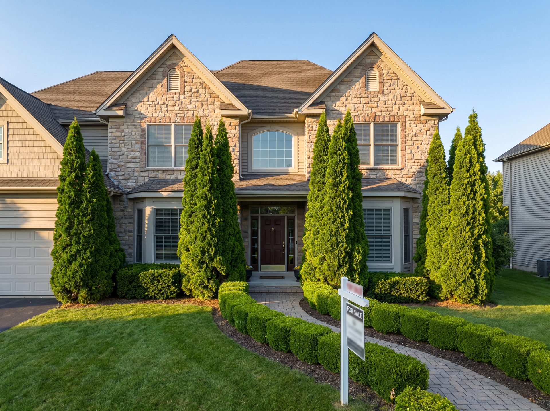 A house front with arborvitae flanking the entrance and a for-sale sign